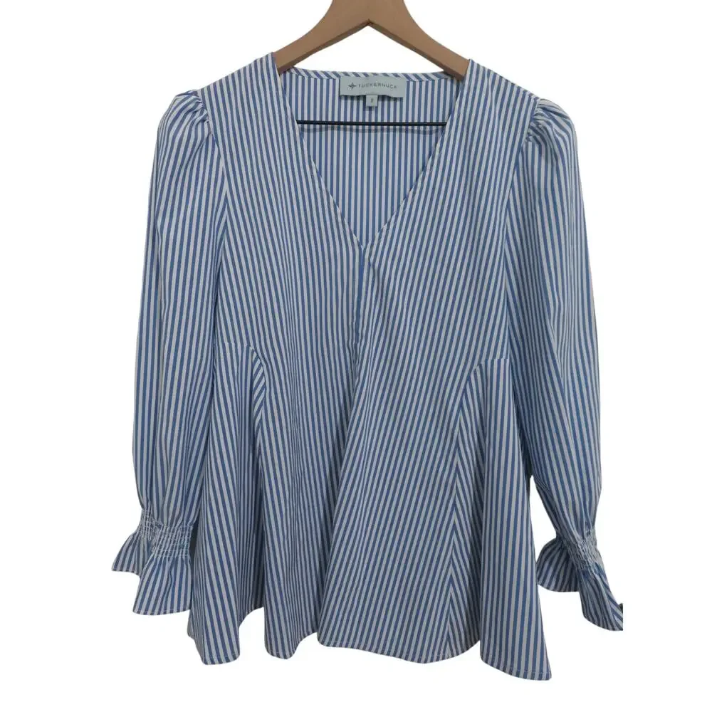 Tuckernuck Sz S Blue White Striped Easton Striped V Neck Blouse Long Puff Sleeve